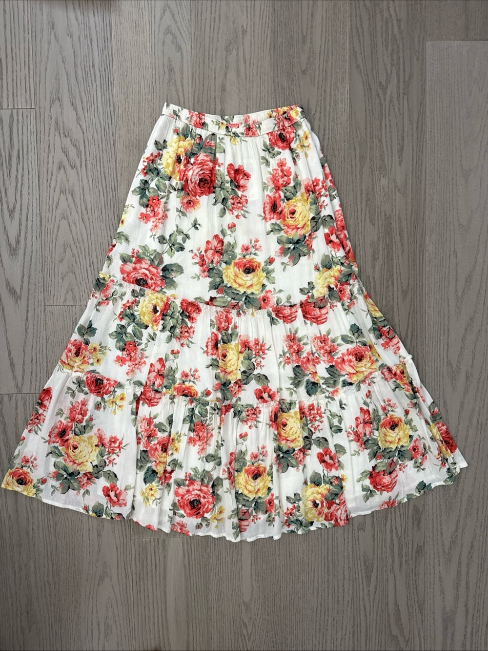 Abercrombie & Fitch Floral Tiered Maxi Skirt White Yellow Pink Roses Size XSP